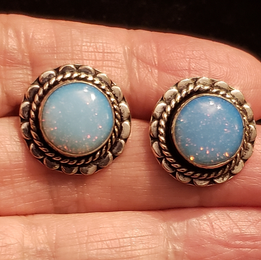 NEW Opal Sterling Earrings W/ Lots Of Flash. Stamped 925, Round Opals From India